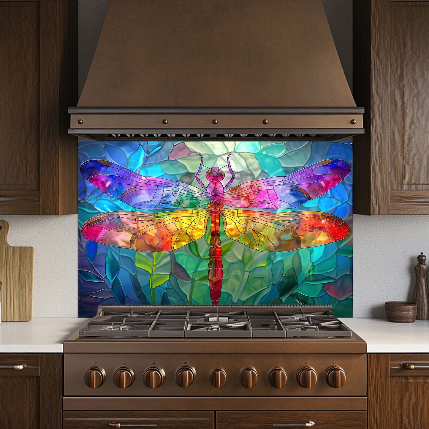 Rainbow Dragonfly – Tempered Glass Backsplash for Kitchen – Stained Glass Look Splashback