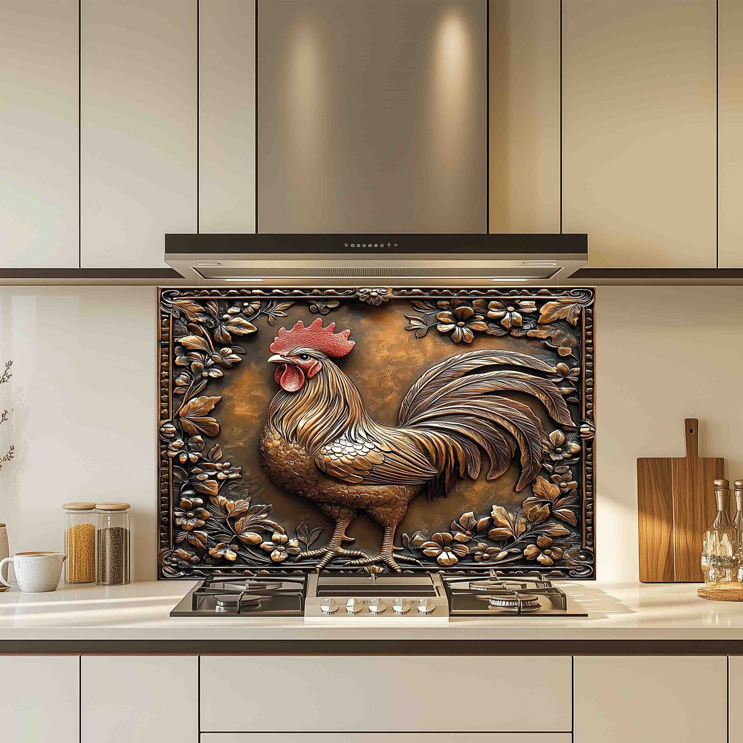 Rooster Copper Look– Tempered Glass Backsplash for Rustic Kitchen