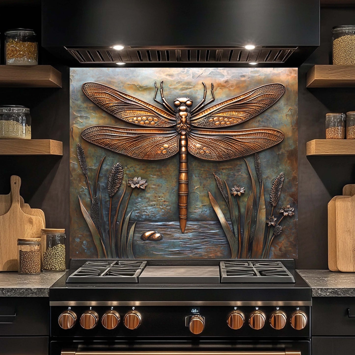 Copper Look Dragonfly Tempered Glass Backsplash – Metallic Finish Kitchen Backsplash