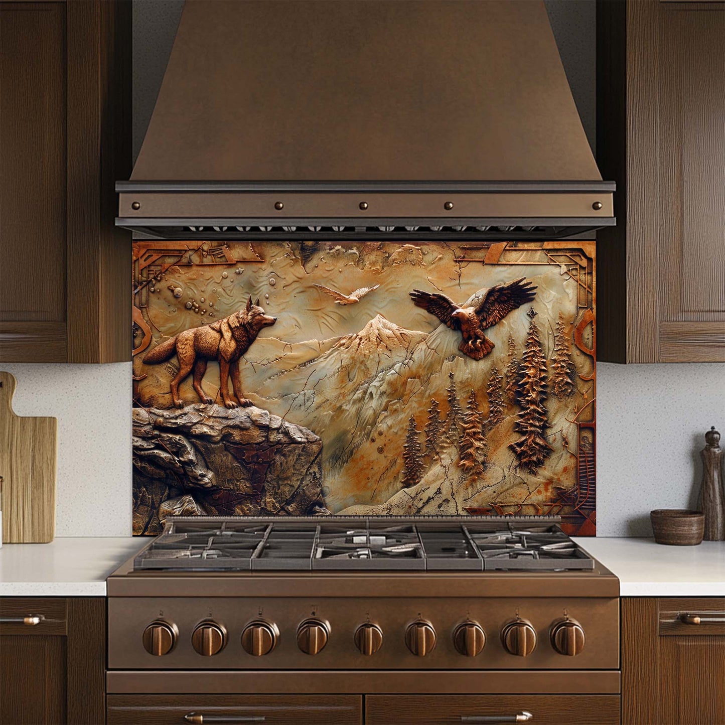 Eagle Wolf – Tempered Glass Backsplash for Kitchen | Bronze Wolf & Mountain Backsplash