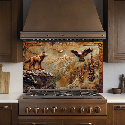 Eagle Wolf – Tempered Glass Backsplash for Kitchen | Bronze Wolf & Mountain Backsplash