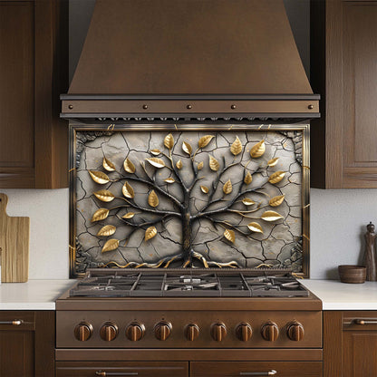 Golden Roots – Tempered Glass Backsplash for Kitchen – Tree of Life Kitchen Splashback