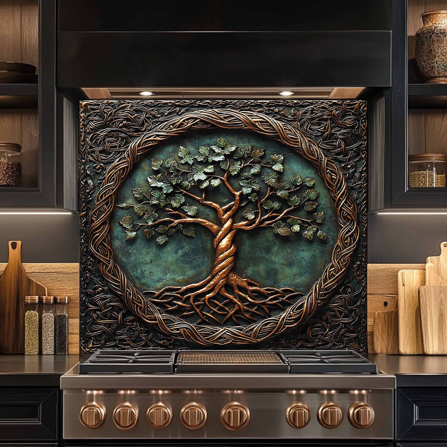 Durable Tempered Glass Backsplash – Kitchen Backsplash with Tree of Life Design
