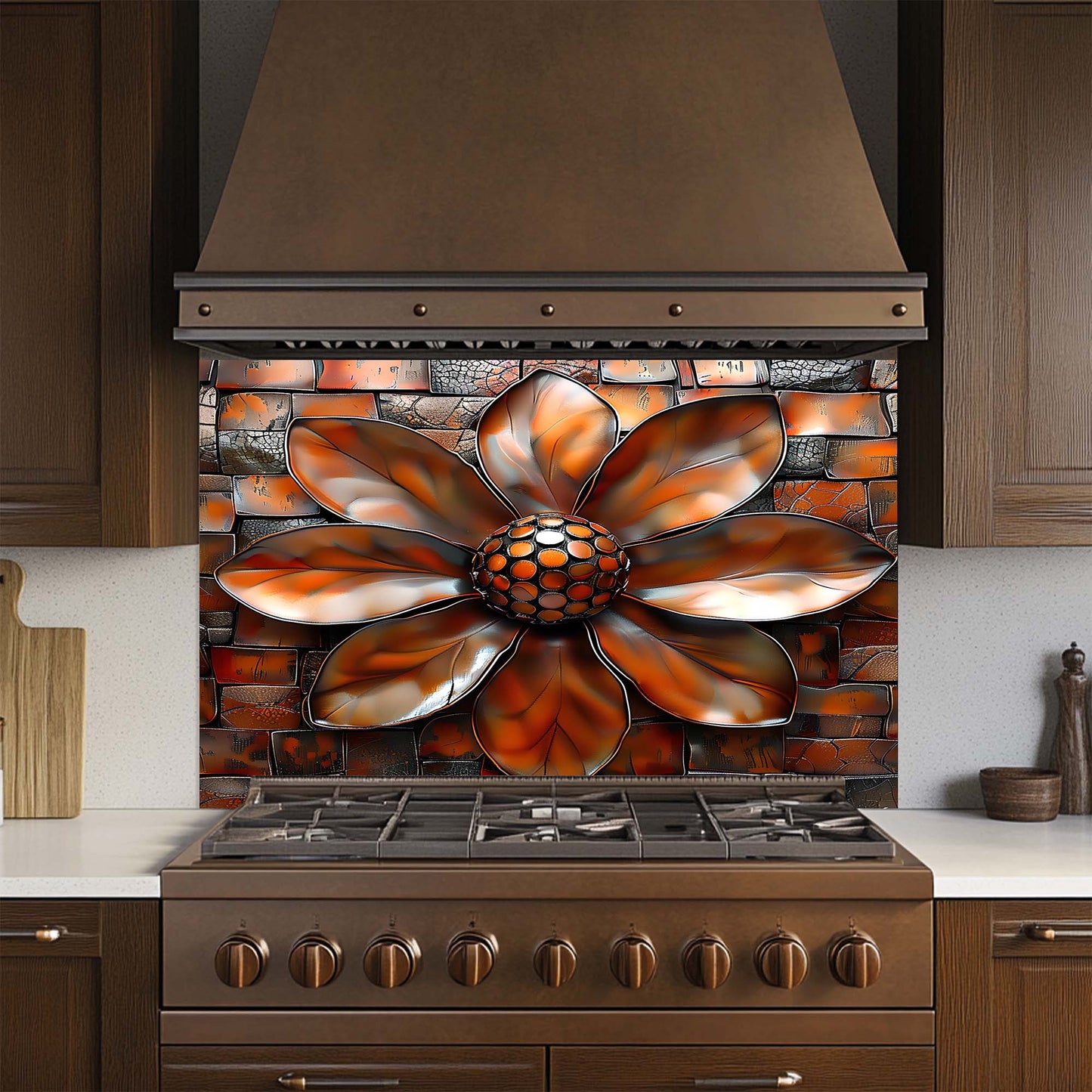 Copper Bloom – Tempered Glass Backsplash for Kitchen | Copper Look Flower Backsplash