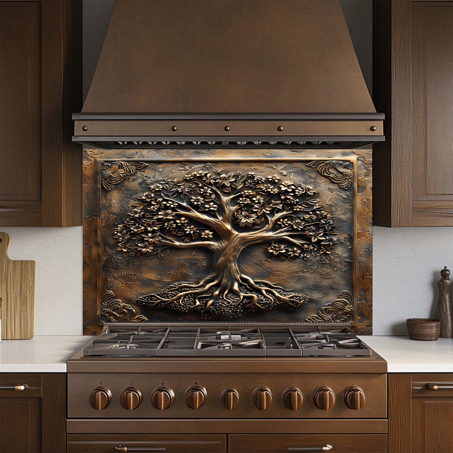 Floral Roots – Tempered Glass Backsplash for Kitchen Stove | Copper Look Tree of Life Backsplash