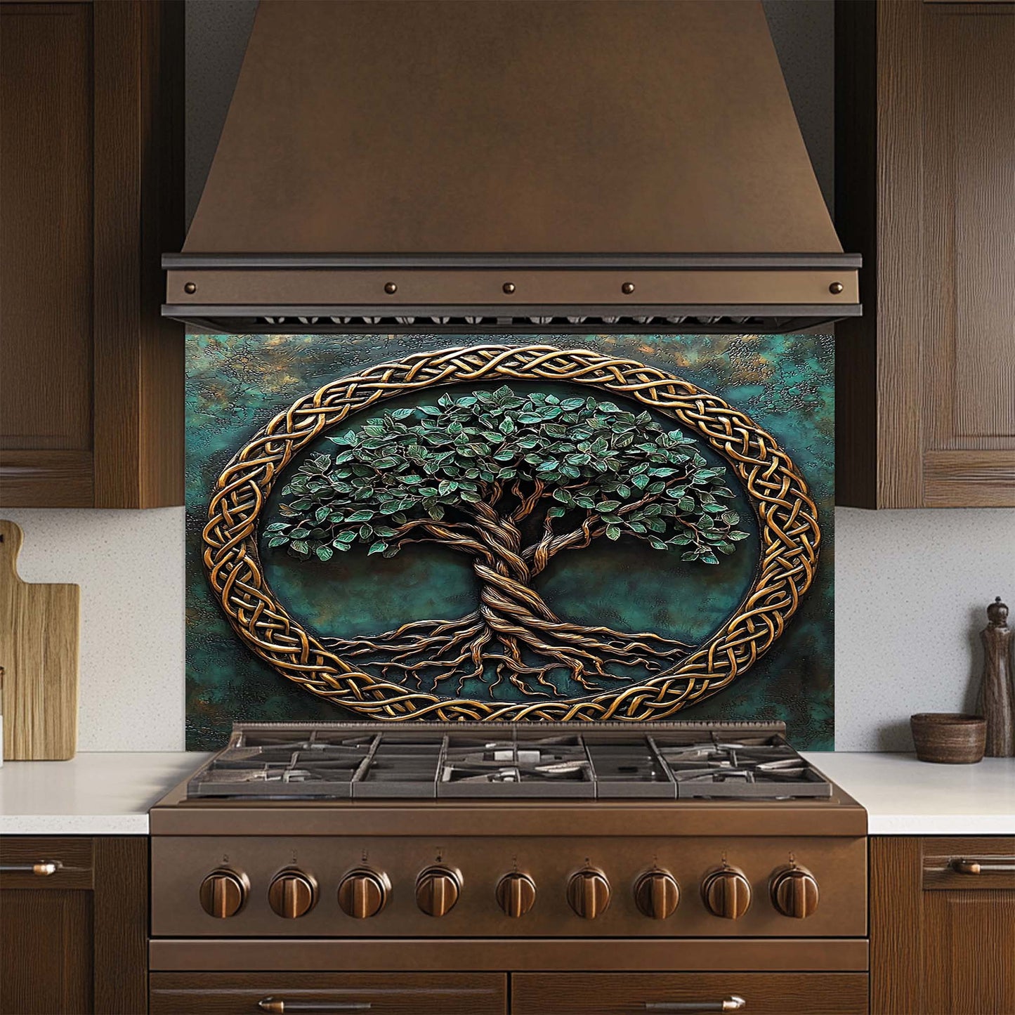 Verdant Embrace – Tree of Life Tempered Glass Backsplash | Copper Look Kitchen Backsplash