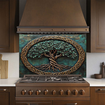 Verdant Embrace – Tree of Life Tempered Glass Backsplash | Copper Look Kitchen Backsplash
