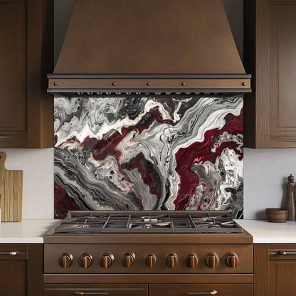 Glass Kitchen Backsplash – Red Black Marble Abstract Splashback for Stove