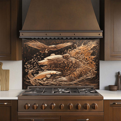 Wild Hunt – Tempered Glass Backsplash for Kitchen Stove | Bear Catching Fish in River Scene