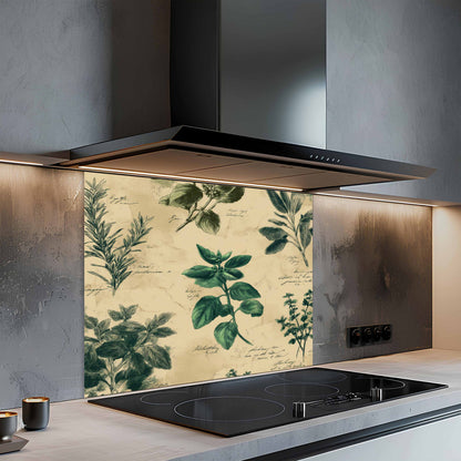 Vintage Herb Tempered Glass Backsplash – Botanical Kitchen Backsplash for Stove