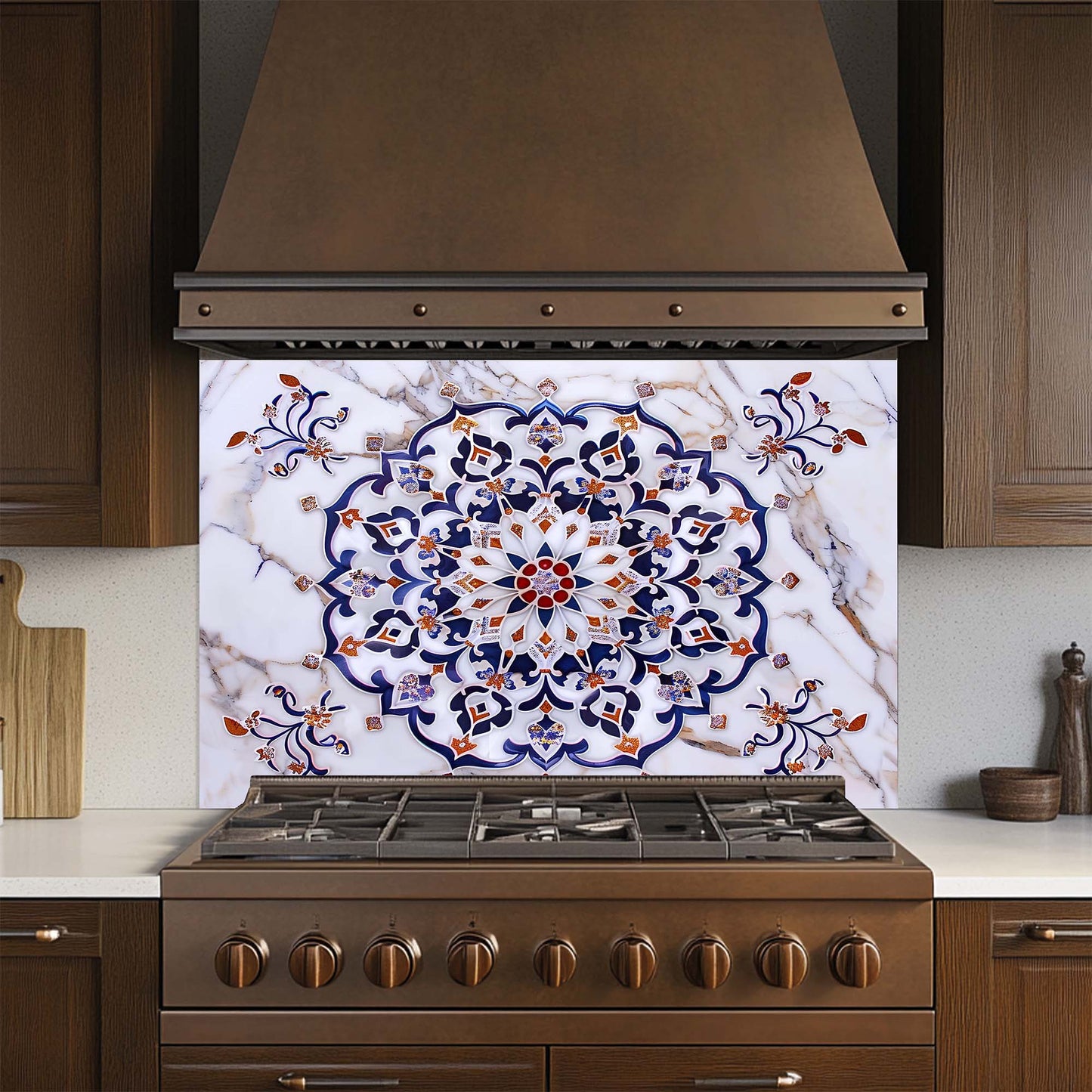 Imperial Mosaic – Tempered Glass Backsplash for Kitchen – Blue & Gold Mandala Splashback