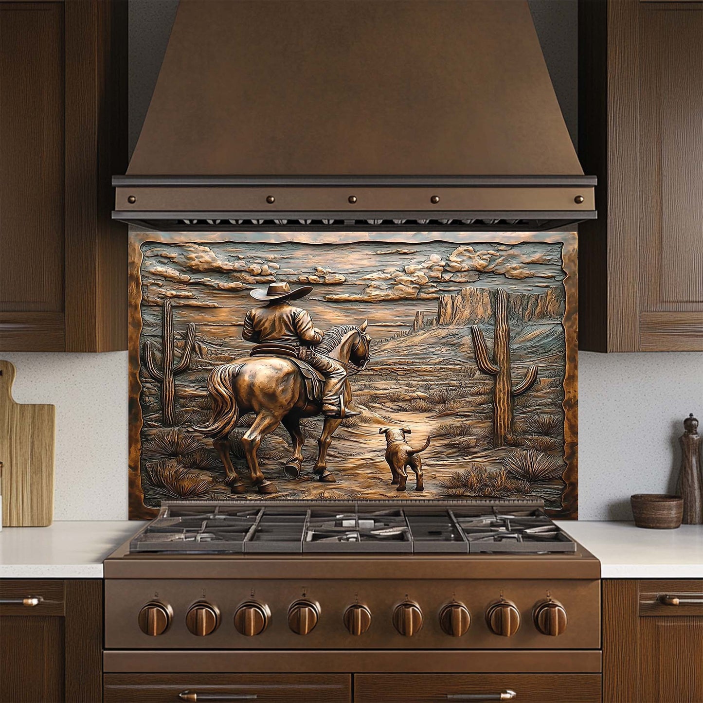 Desert Trail – Tempered Glass Backsplash with Cowboy and Dog | Western Backsplash (Copy)