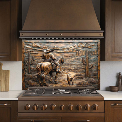 Desert Trail – Tempered Glass Backsplash with Cowboy and Dog | Western Backsplash (Copy)