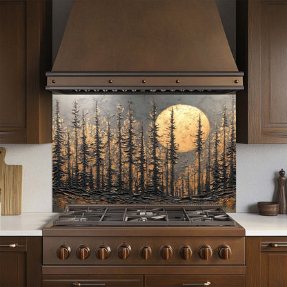Golden Moonrise – Tempered Glass Backsplash for Stove | Dark Forest Silhouette Backsplash