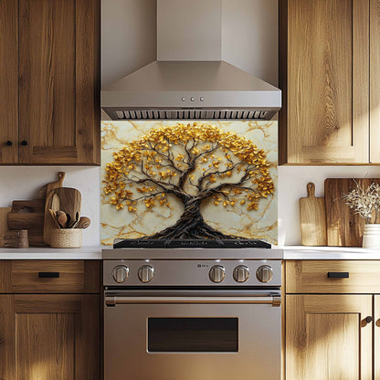 Tempered Glass Backsplash – Gold Marble Tree Kitchen Backsplash
