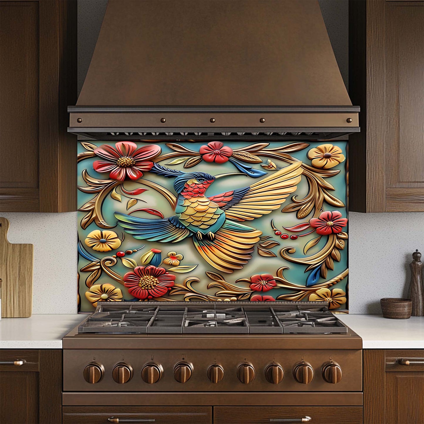 Feathered Rhapsody Tempered Glass Backsplash – Vibrant Bird & Floral Kitchen Backsplash