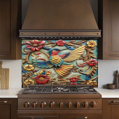 Feathered Rhapsody Tempered Glass Backsplash – Vibrant Bird & Floral Kitchen Backsplash