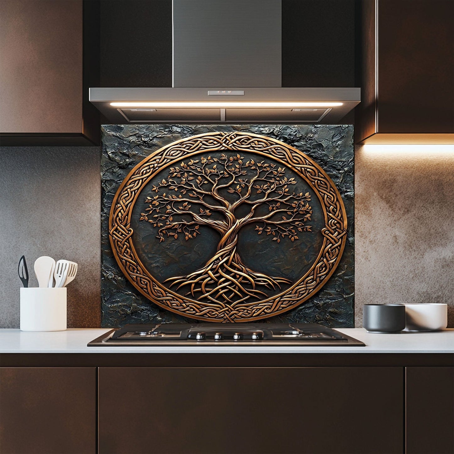 Celtic Tree of Life Glass Backsplash – Bronze Kitchen Backsplash for Stove