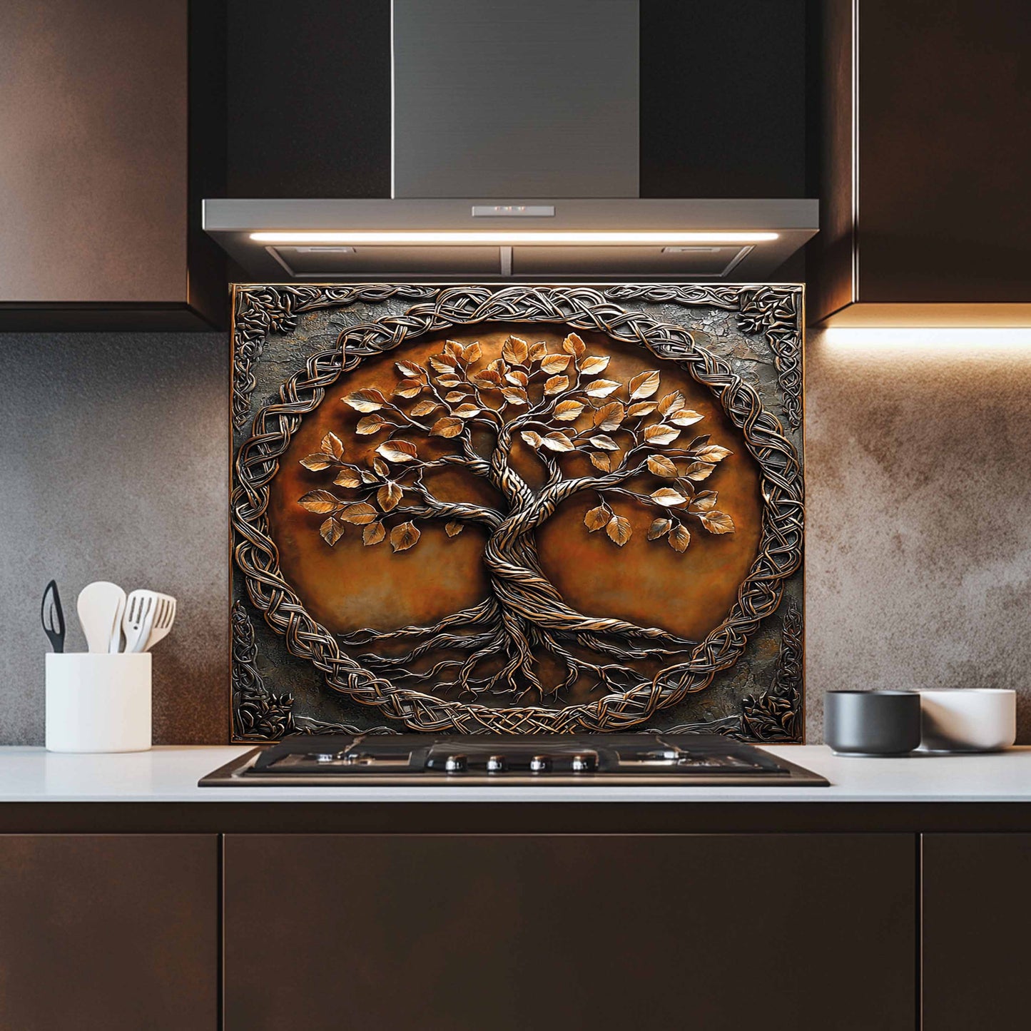 Copper Look Tree Glass Backsplash – Kitchen Backsplash for Stove & Sink