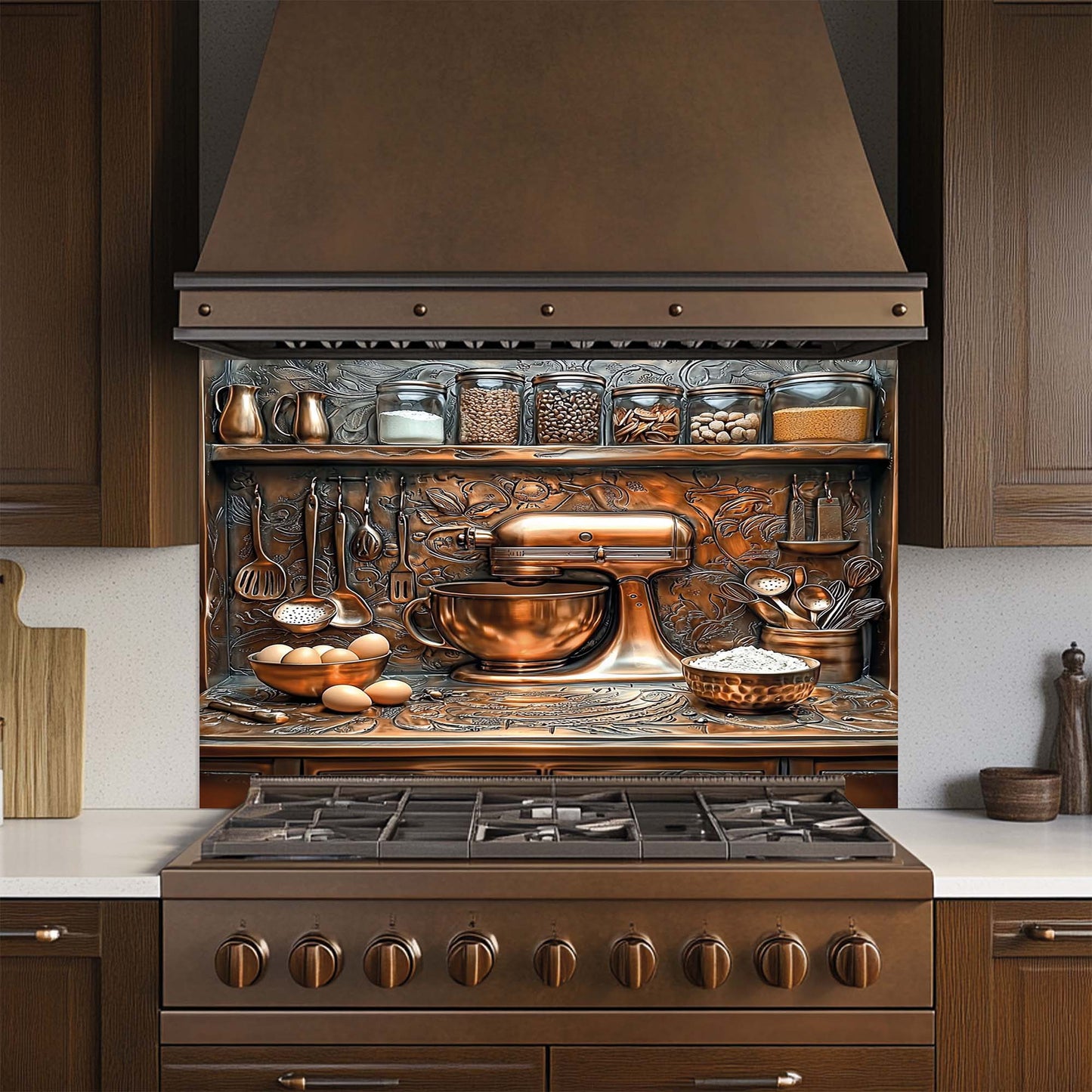 Baker – Tempered Glass Backsplash for Kitchen Stove | Baking Scene in Copper Look
