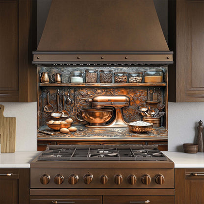 Baker – Tempered Glass Backsplash for Kitchen Stove | Baking Scene in Copper Look