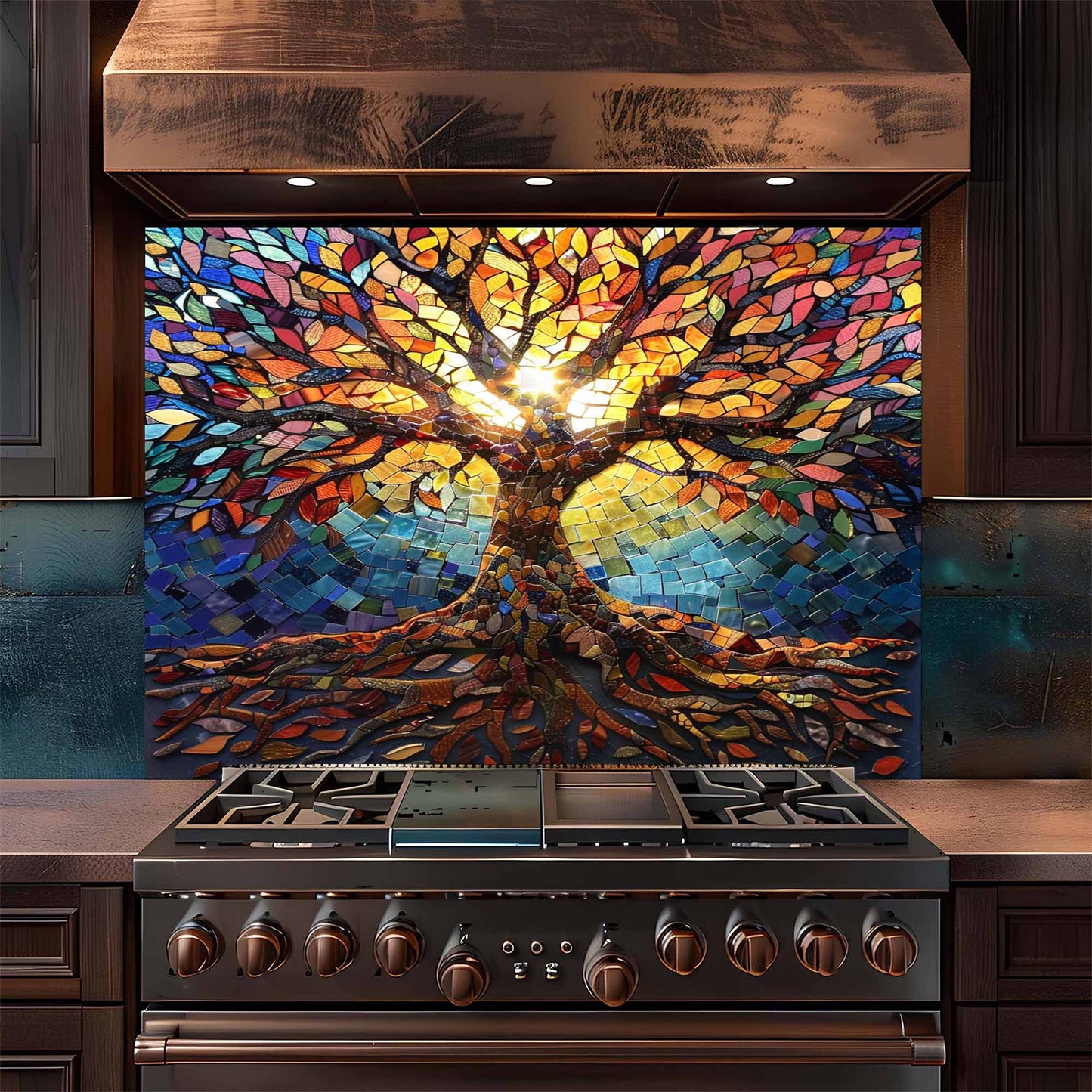 Mosaic Tree Tempered Glass Backsplash – Kitchen Backsplash for Stove or Sink