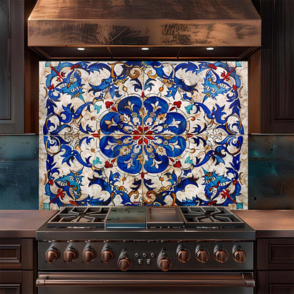 Custom Kitchen Backsplash – Ottoman Blue Tile Tempered Glass Stove Backsplash