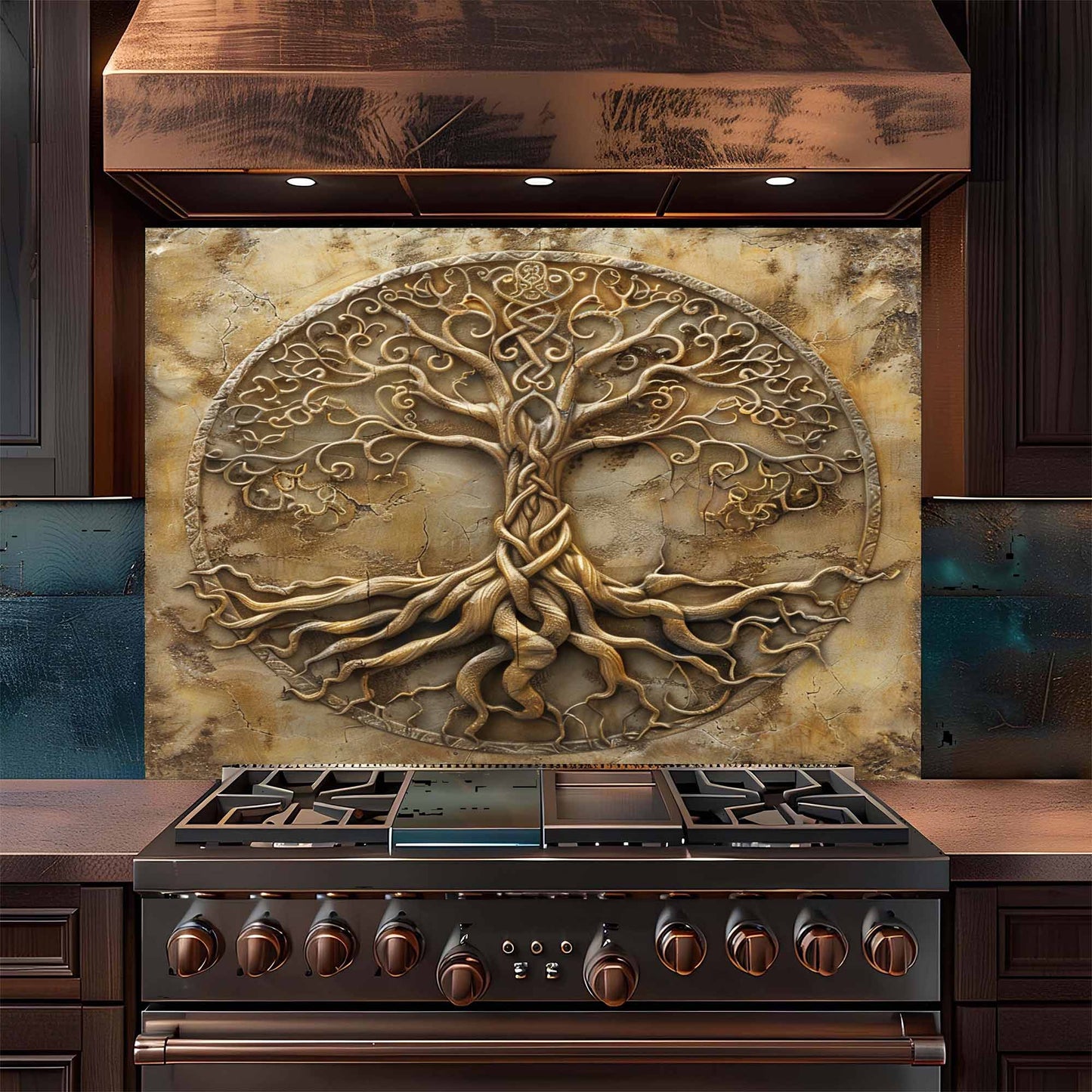 Eternal Roots Kitchen Backsplash –  Stone Look Tree of Life Glass Backsplash