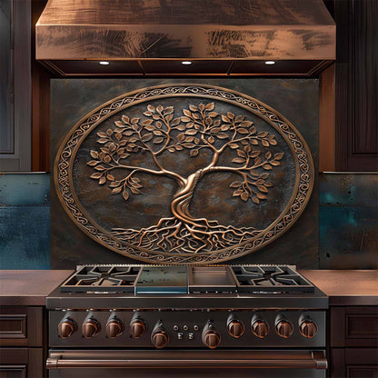 Bronze Circle Tempered Glass Backsplash – Copper Look Tree of Life Kitchen Backsplash