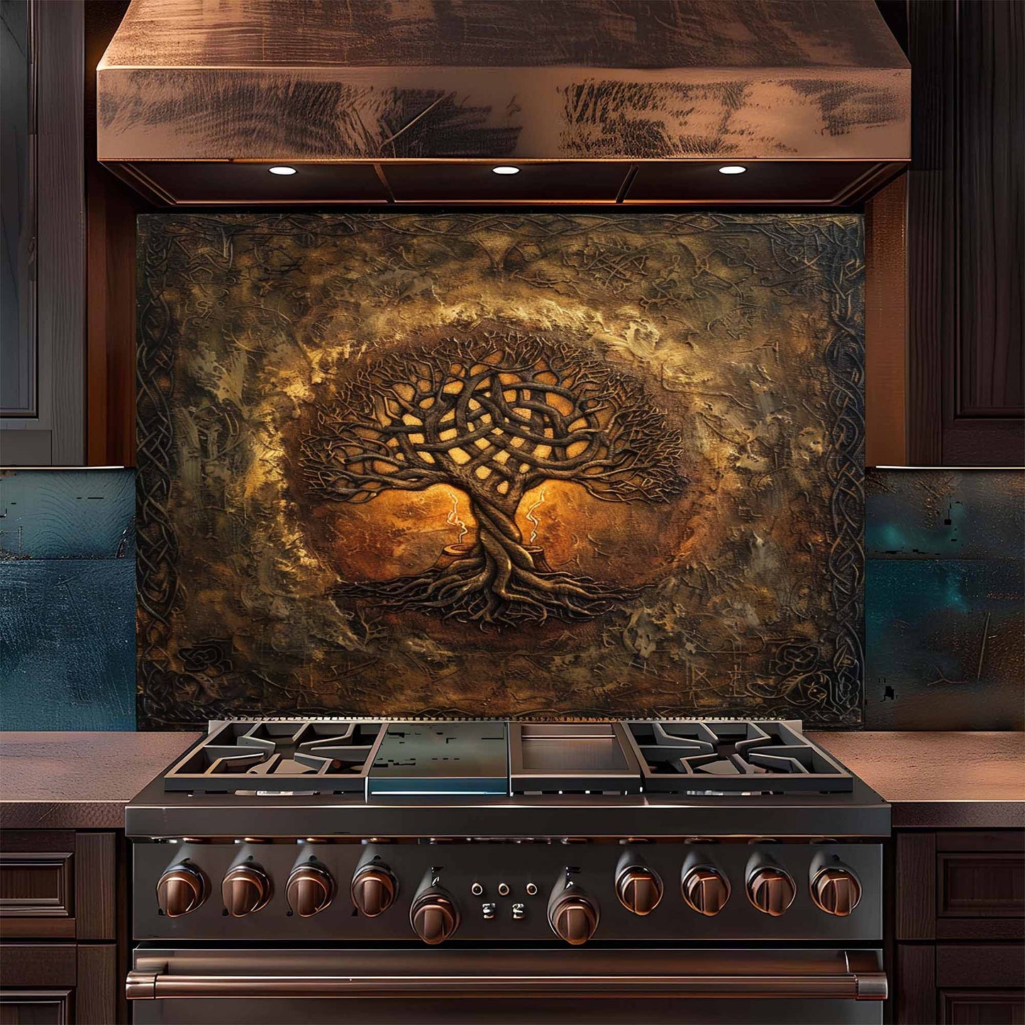 Mystic Ember Tempered Glass Backsplash – Tree of Life Kitchen Backsplash for Stove