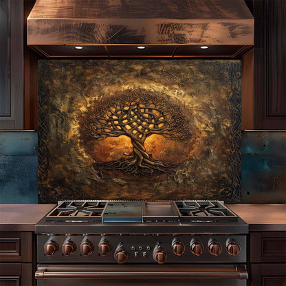 Mystic Ember Tempered Glass Backsplash – Tree of Life Kitchen Backsplash for Stove