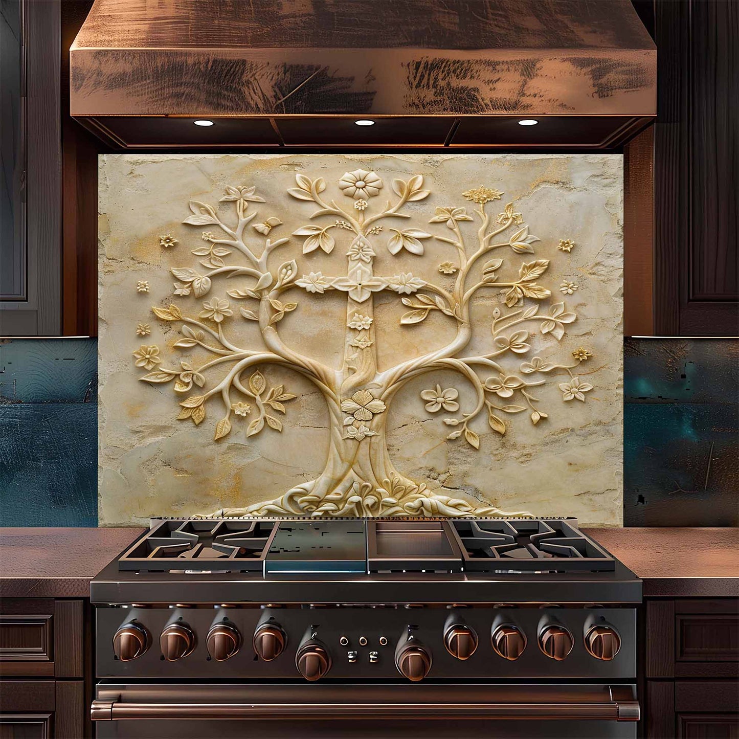 Floral Grace Tempered Glass Backsplash – Tree of Life Kitchen Backsplash for Stove