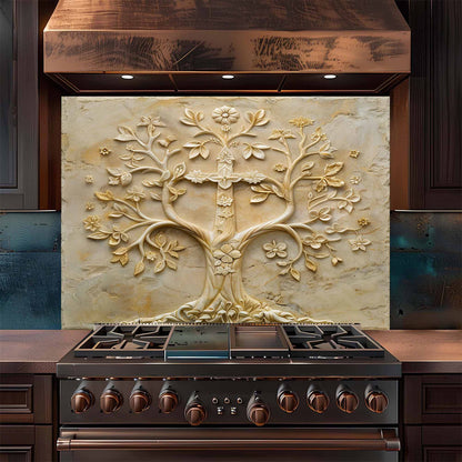 Floral Grace Tempered Glass Backsplash – Tree of Life Kitchen Backsplash for Stove