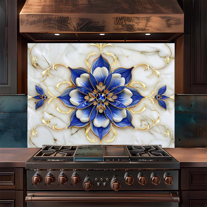 Tempered Glass Backsplash for Kitchen – Royal Blue Blossom Custom Splashback