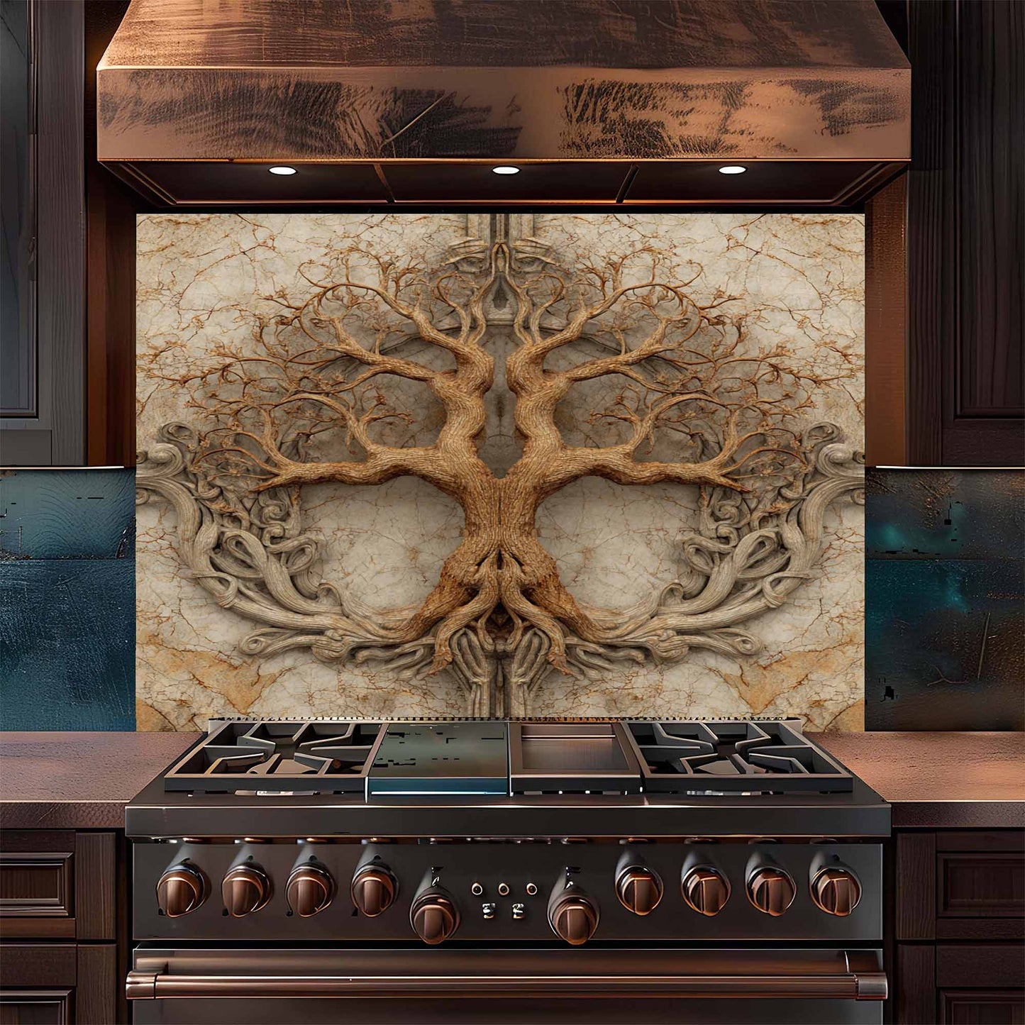 Twin Root Tempered Glass Backsplash – Tree of Life Stove Backsplash