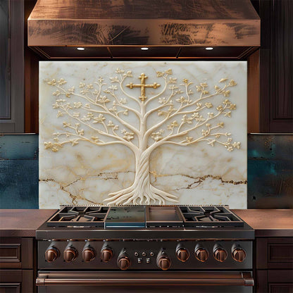 Divine Ivory Tempered Glass Backsplash – Gold Cross Tree of Life Kitchen Backsplash