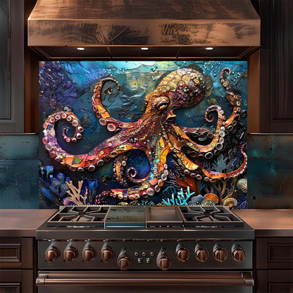 Custom Kitchen Backsplash – Majestic Octopus Tempered Glass Stove Backsplash