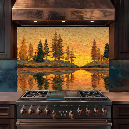 Custom Kitchen Backsplash – Golden Sunset Forest Tempered Glass Backsplash