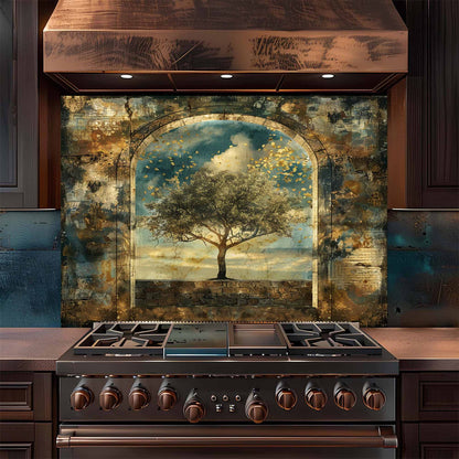 Golden Silence Tempered Glass Backsplash – Tree of Life Kitchen Backsplash