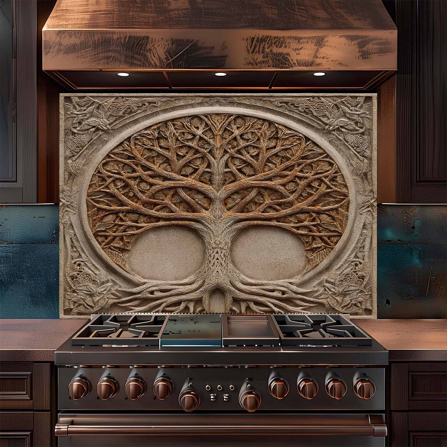 Sacred Web Kitchen Backsplash –  Tree of Life Glass Backsplash for Stove
