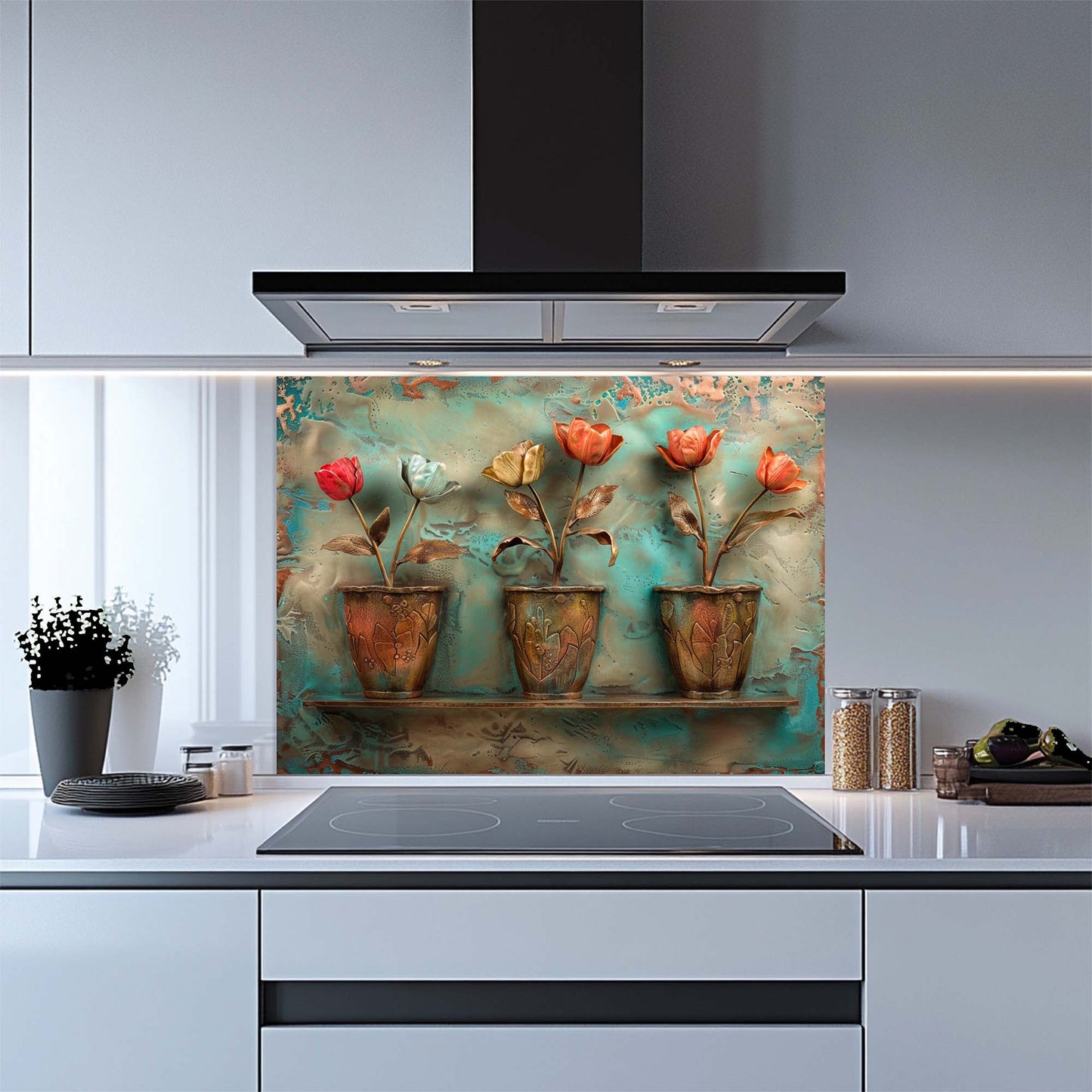 Tulip Pots – Tempered Glass Backsplash for Kitchen Stove | Copper Look Floral Backsplash