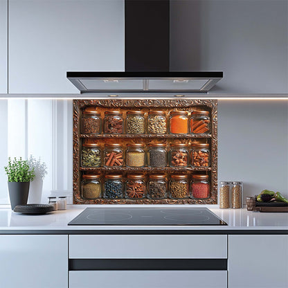Spice Harmony – Tempered Glass Backsplash for Kitchen | Copper Look Spice Jar Splashback