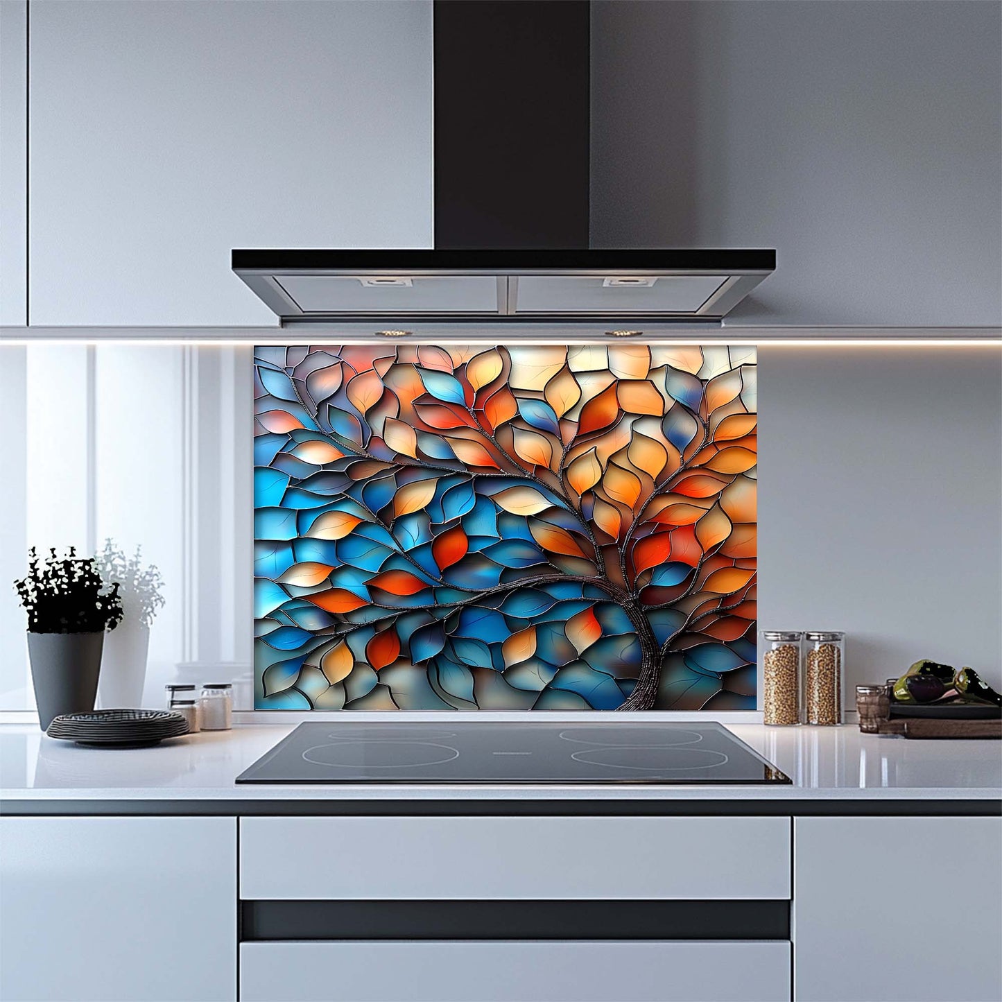 Aurora Branches – Tempered Glass Backsplash for Kitchen Stove | Colorful Abstract Backsplash