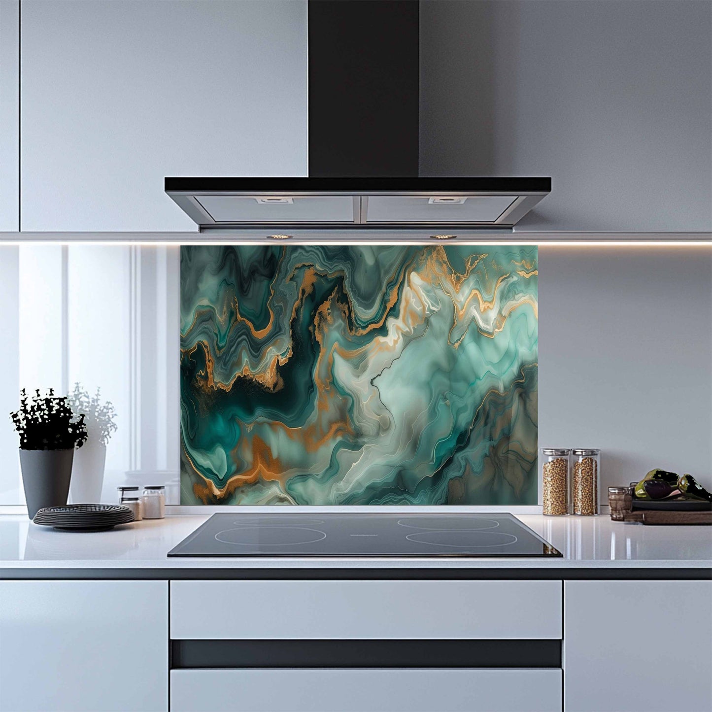 Glass Kitchen Backsplash – Emerald Marble Gold Fluid Art Panel