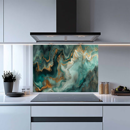 Glass Kitchen Backsplash – Emerald Marble Gold Fluid Art Panel