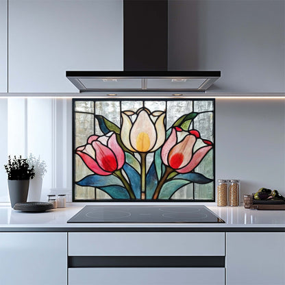 Tulip Trio – Tempered Glass Backsplash for Kitchen Stove | Stained Glass Look Tulip Backsplash