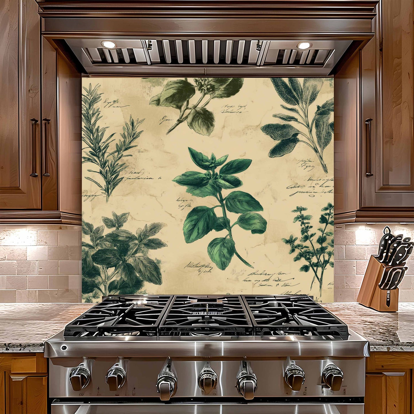 Vintage Herb Tempered Glass Backsplash – Botanical Kitchen Backsplash for Stove
