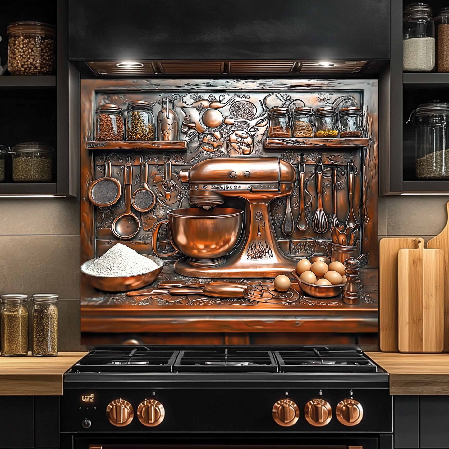 Baker’s Station Tempered Glass Backsplash – Copper Look Rustic Kitchen Backsplash