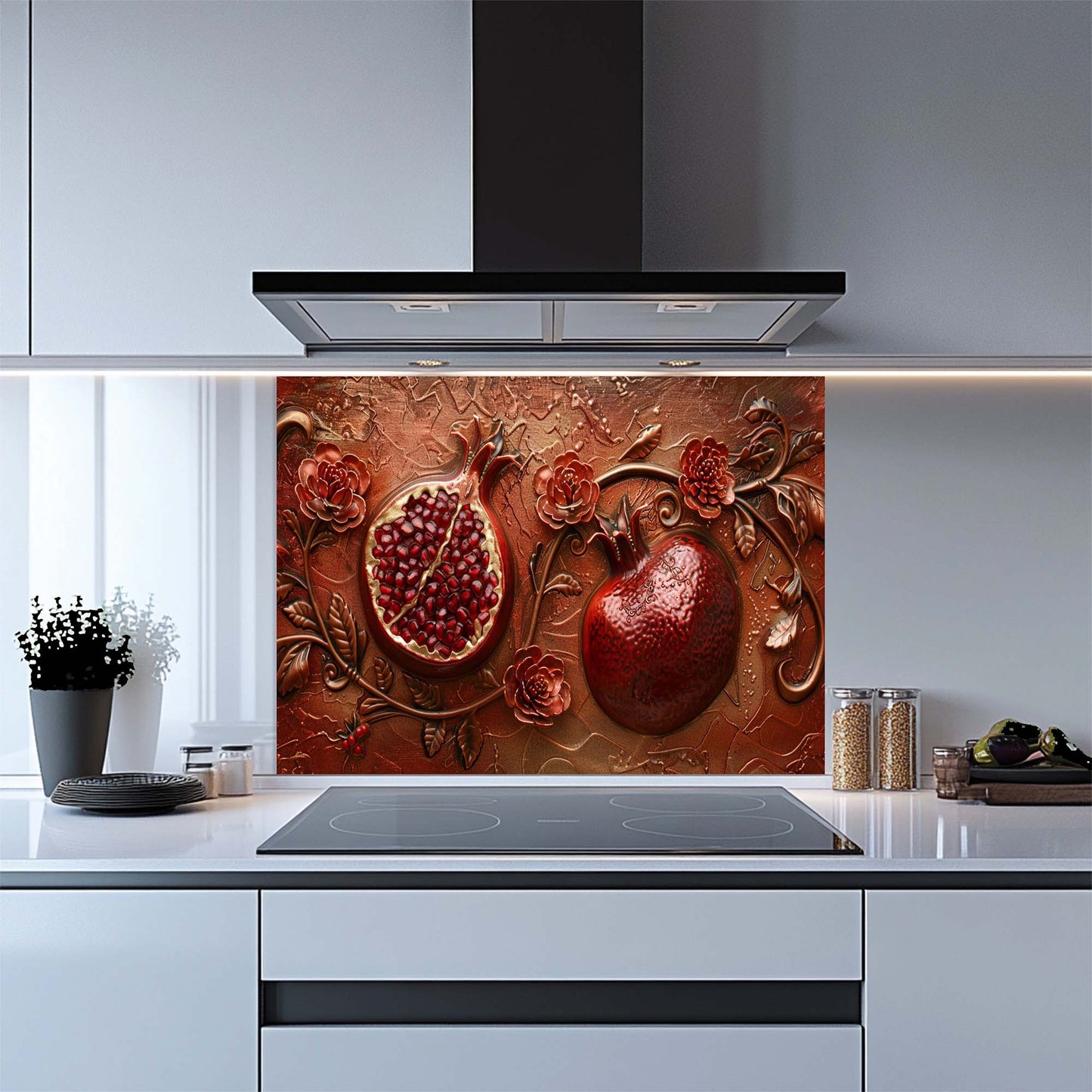 Crimson Bloom – Tempered Glass Backsplash | Rich Red Pomegranate Kitchen Backsplash