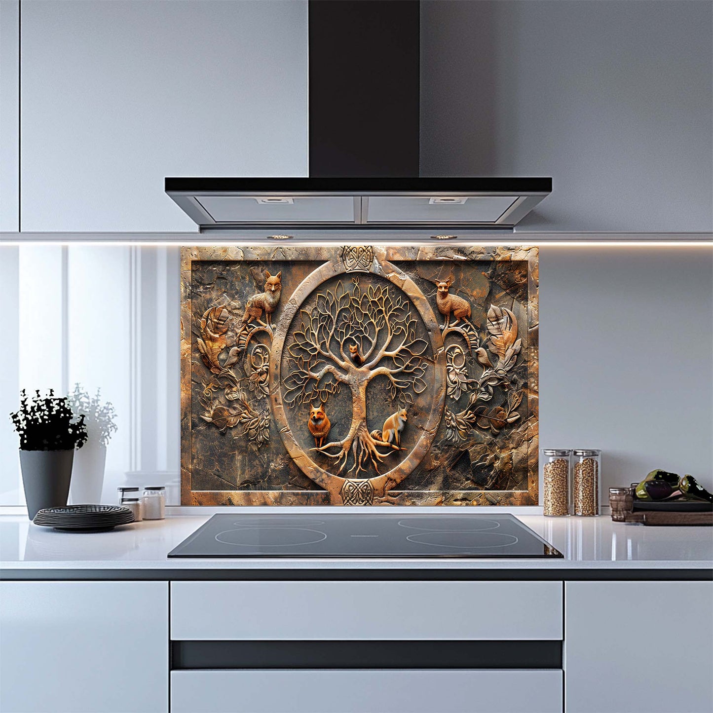 Fox Wisdom Tree – Tempered Glass Backsplash | Tree of Life with Forest Animals Backsplash